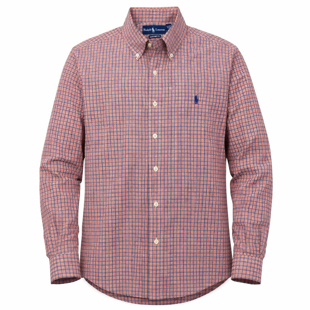 Ralph Lauren Button Down Shirt Mens 15.5 M Orange‎ Plaid Custom Preppy Heritage